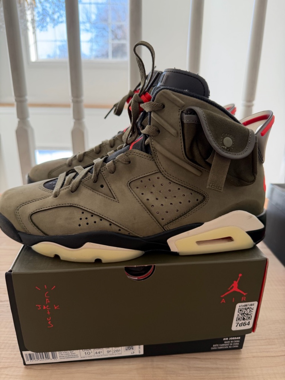 Jordan Olive Green High-Top Sneakers with Red Jumpman - Picture 2 of 3